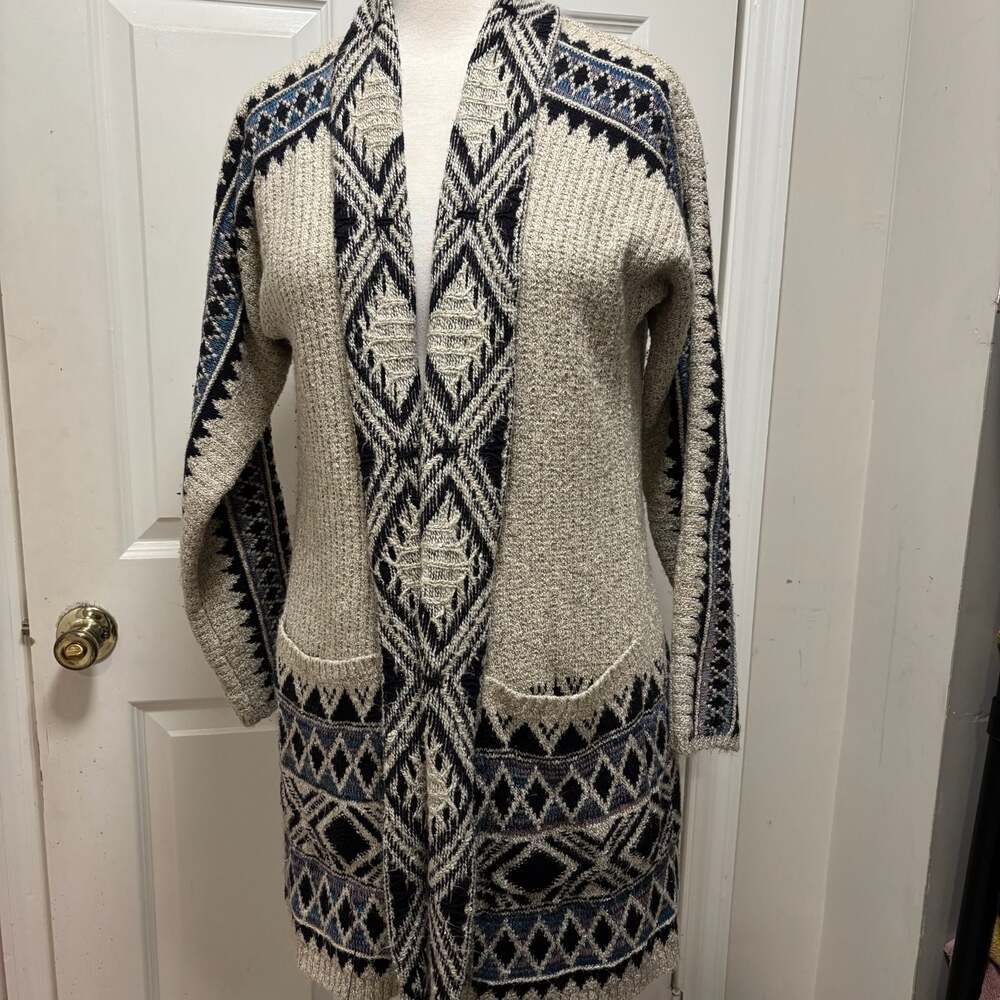 Lucky Brand Aztec Open Front Cardigan Sweater Duster with Pockets Boho Southwest